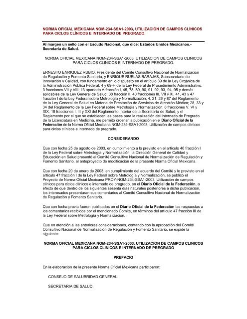 NOM-234-SSA1-2003, utilizaciÃ³n de campos clÃ­nicos para ciclos ...