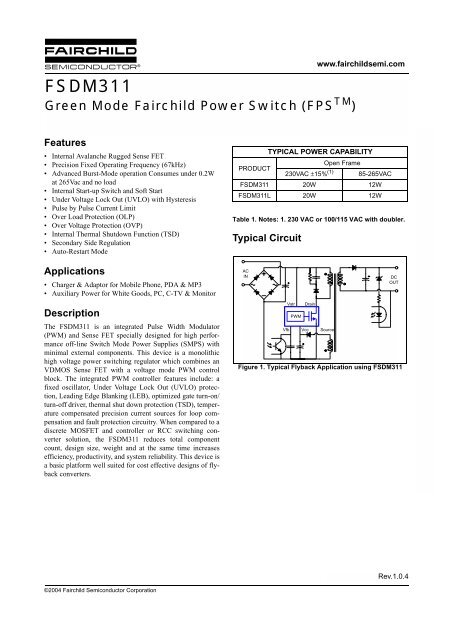 Fsdm311 Green Mode Fairchild Power Switch Fpstm