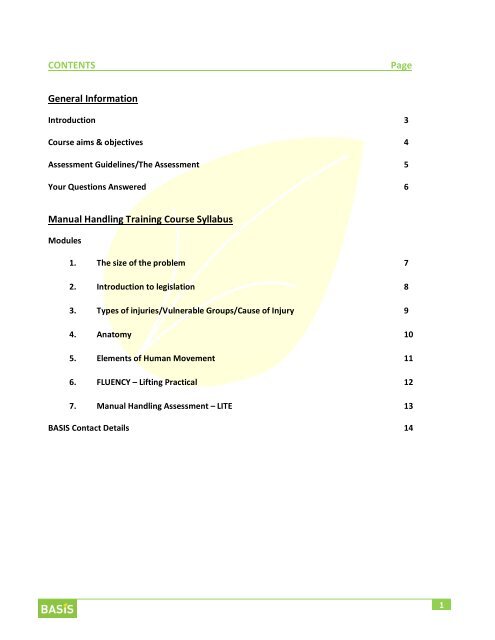 MANUAL HANDLING TRAINING COURSE SYLLABUS - Basis