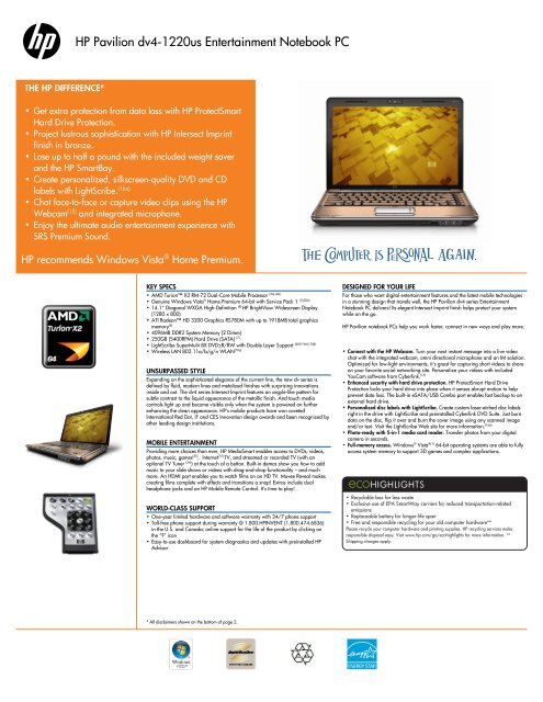 HP Pavilion Dv4-1220us Entertainment Notebook ... - Hewlett Packard
