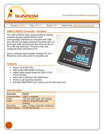 USB to RS232 Converter â Isolated Features Specification - Sunrom ...