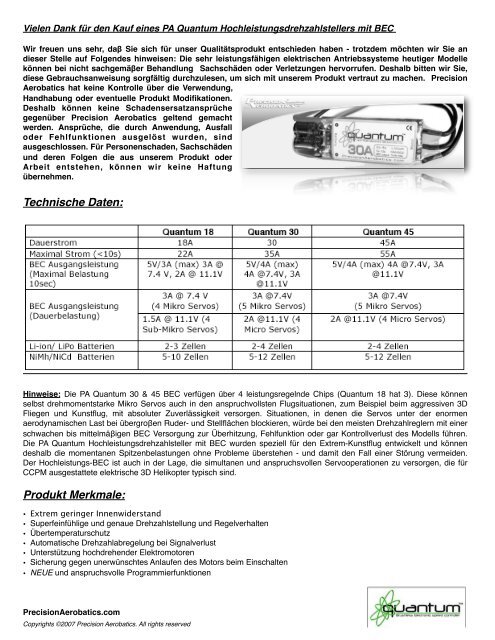 PA Quantum ESC - Anleitung - Precision Aerobatics