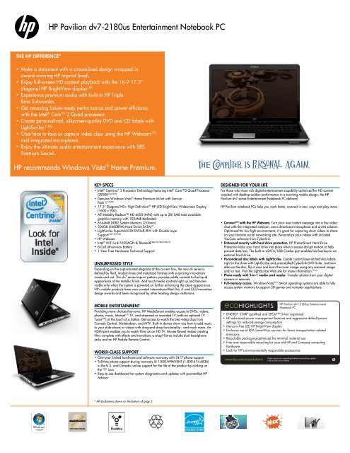 HP Pavilion Dv7-2180us Entertainment Notebook ... - Hewlett Packard