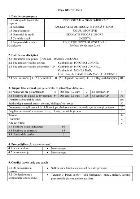 FIÅA DISCIPLINEI 1. Date despre program 1.1 InstituÅ£ia de ... - Fefs