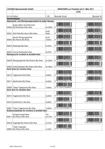 LOGONA Barcodes 1.3.2011 - LOGOCOS Naturkosmetik AG