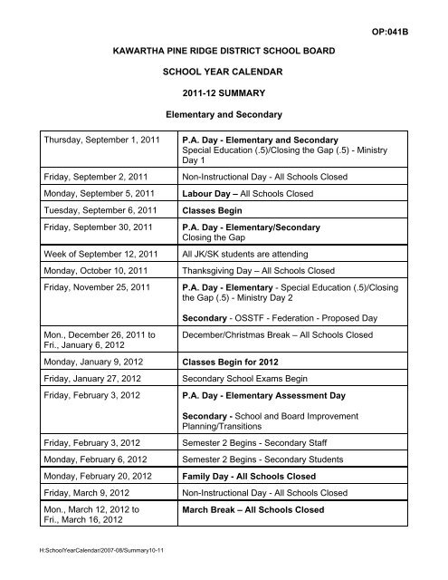 School Year Calendar - Important Dates for 2011-2012