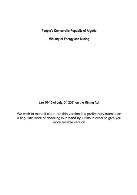 Algeria Mining Act 2001