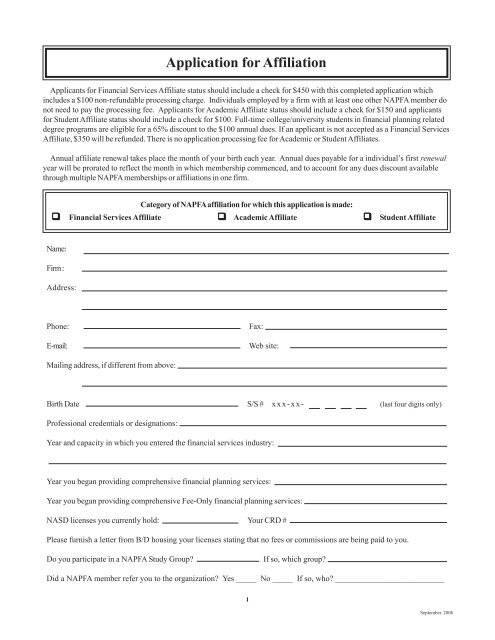 Application for Affiliation - NAPFA