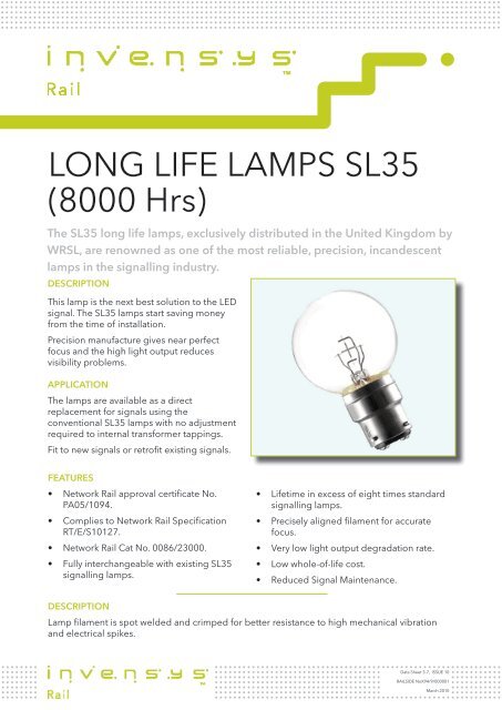 LONG LIFE LAMPS SL35 (8000 Hrs) - Invensys Rail