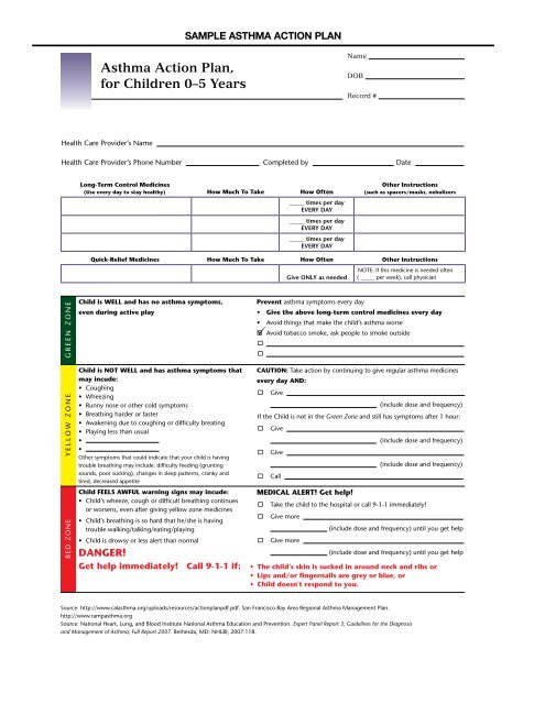 Asthma Action Plan, for Children 0Ã¢Â€Â“5 Years - Healthy Child Care ...