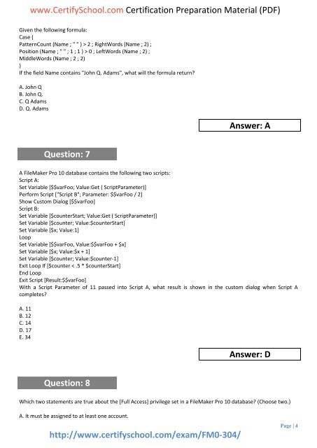 FileMaker FM0-304 CertifySchool Exam Actual Questions (PDF)