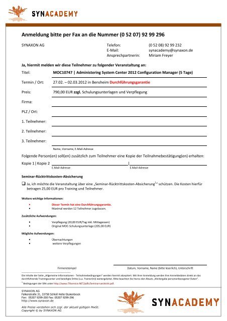 Anmeldung bitte per Fax an die Nummer (0 52 07) 92 ... - Synaxon AG