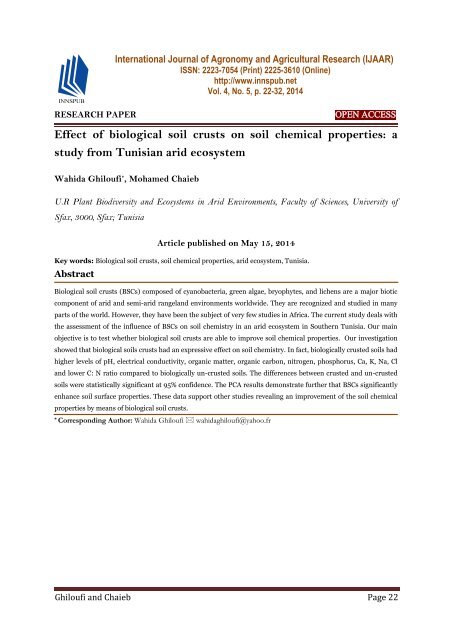 Effect of biological soil crusts on soil chemical properties: a study from Tunisian arid ecosystem