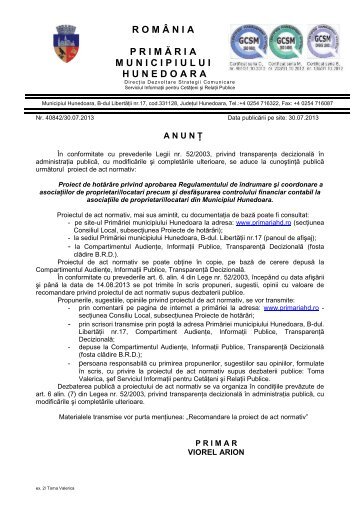 anunt regulament asociatii de proprietari - Primaria Municipiului ...