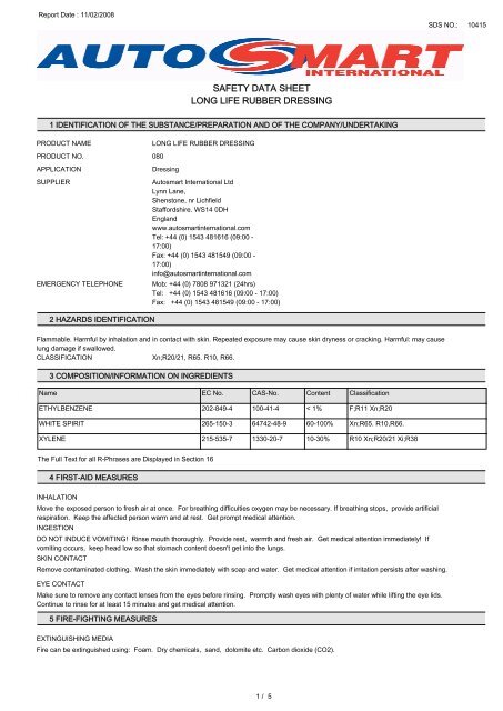 SAFETY DATA SHEET LONG LIFE RUBBER DRESSING - Autosmart