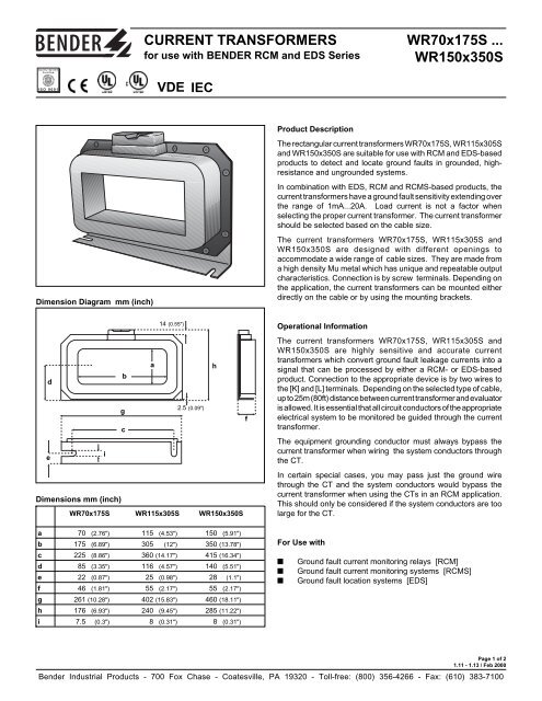 see datasheet (PDF file) - Bender