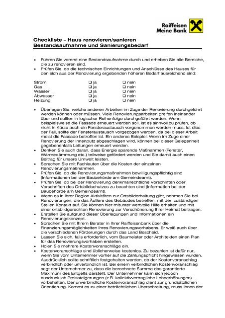 Checkliste Haus renovieren/sanieren (pdf) - Raiffeisen