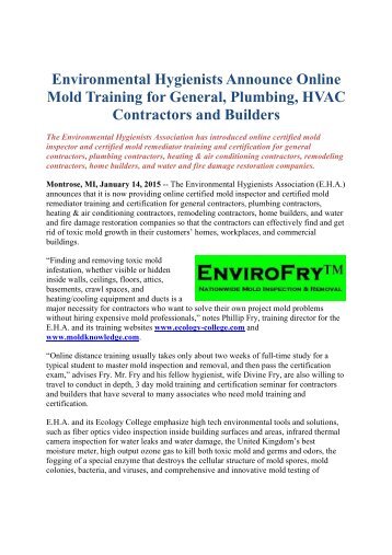 Environmental Hygienists Announce Online Mold Training for General, Plumbing, HVAC Contractors and Builders