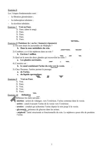 CorrigÃ© des Exercices sur Â«l' appareil urinaire ... - Poly-Prepas