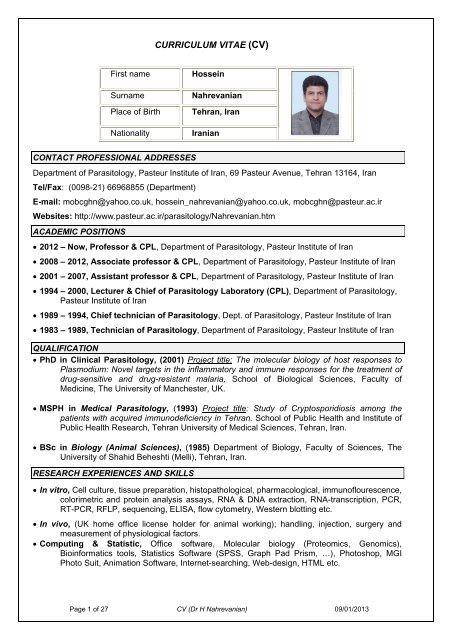 CURRICULUM VITAE (CV) - Pasteur Institute of Iran