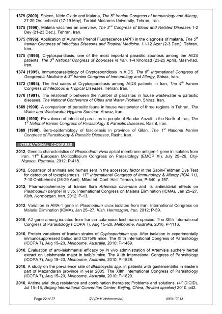 CURRICULUM VITAE (CV) - Pasteur Institute of Iran