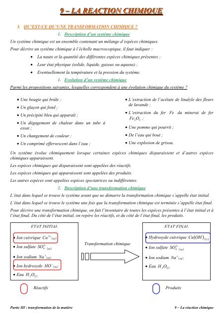 09 - La rÃ©action chimique - Cours de physique et de chimie