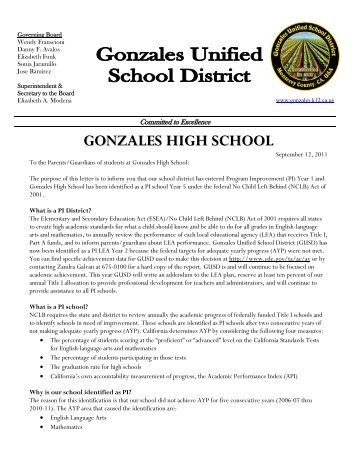 Program Improvement Parent Letter - Gonzales Unified School District