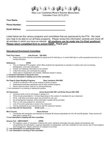 Cowlishaw PTA Volunteer Form 2012-13 - Cowlishaw Elementary ...