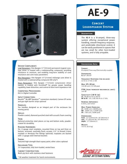 Apogee AE-9 Concert Loudspeaker System Spec  - Apogee Sound