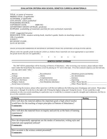 APPENDIX B: NSRC Evaluation Criteria for Curriculum Materials