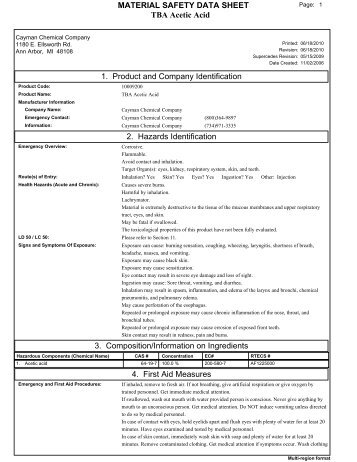 TBA Acetic Acid MATERIAL SAFETY DATA SHEET 1. Product and ...