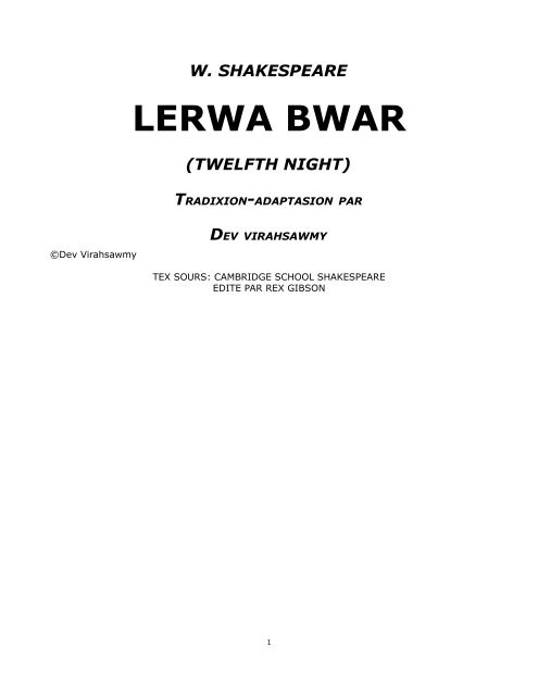 w. shakespeare lerwa bwar (twelfth night) - lakaz