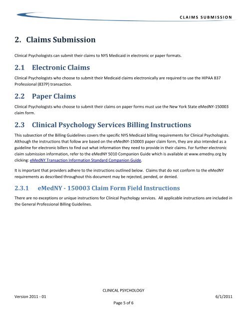 Clinical Psychology Billing Guidelines - eMedNY