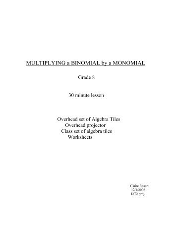 MULTIPLYING a BINOMIAL by a MONOMIAL Grade 8 (Algebra Tiles ...