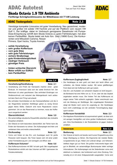 Umfassender Test Skoda Octavia 1.9 TDI Ambiente - ADAC