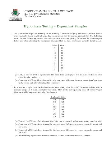 Hypothesis Testing - Dependent Samples - SLC Home Page