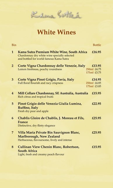 White Wines - Kama Sutra Restaurant Group