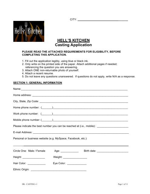 HELL'S KITCHEN Casting Application