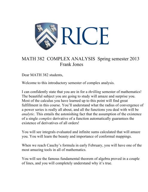 MATH 382 COMPLEX ANALYSIS Spring semester 2013 Frank Jones