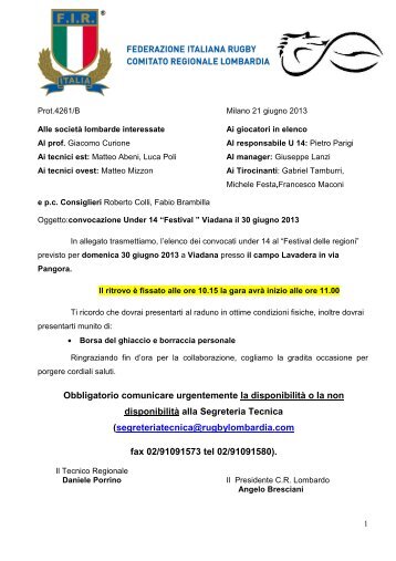 convocazioni festival u14 - viadana - Comitato Regionale Lombardo