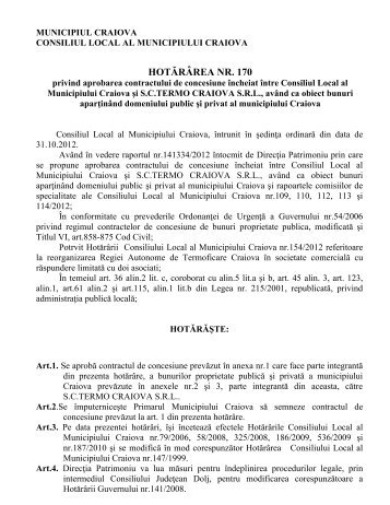 Hotărârea consiliului local nr.170 pe 31.10.2012 - Primaria Craiova