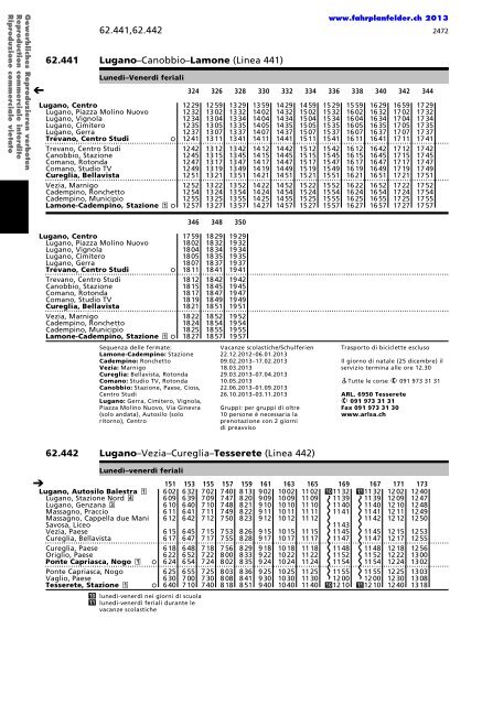 Lugano - Vezia - Cureglia - Tesserete (Linea 442) - Fahrplanfelder