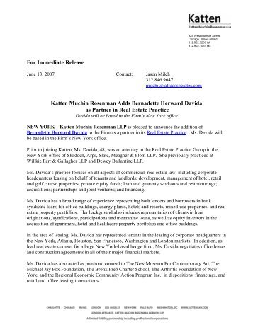 For Immediate Release Katten Muchin Rosenman Adds Bernadette ...