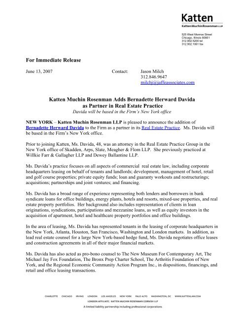 For Immediate Release Katten Muchin Rosenman Adds Bernadette ...