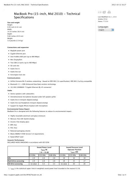 MacBook Pro (15-inch, Mid 2010) - Technical Specifications