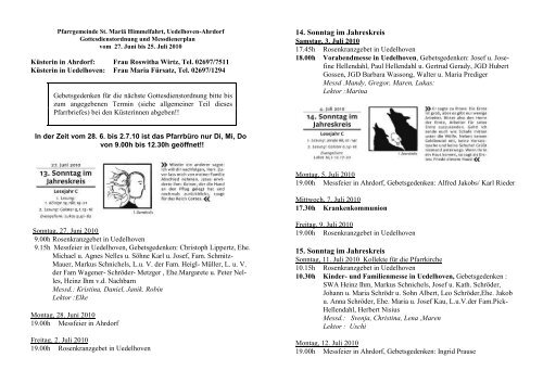 Gottesdienstordnung und Messdienerplan vom 27.06. bis 25.07.2010