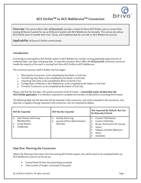 ACS OnSite to ACS WebService Conversion - Brivo Systems