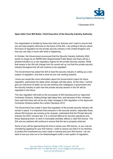 Open Letter From Bill Butler Security Industry Authority