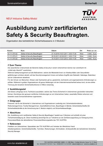 Ausbildung zum/r zertifizierten Safety & Security Beauftragten.