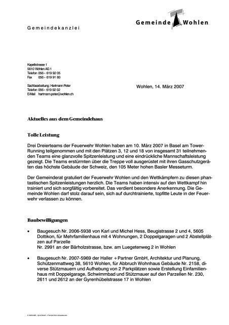 Briefvorlage A4 Der Gemeinde Wohlen Freiamt Online